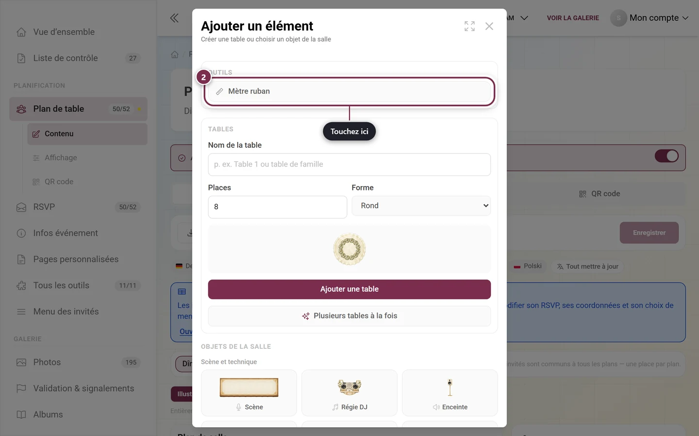 Boîte de dialogue Ajouter un élément avec le bouton Mètre ruban mis en évidence en rouge dans la section Outils