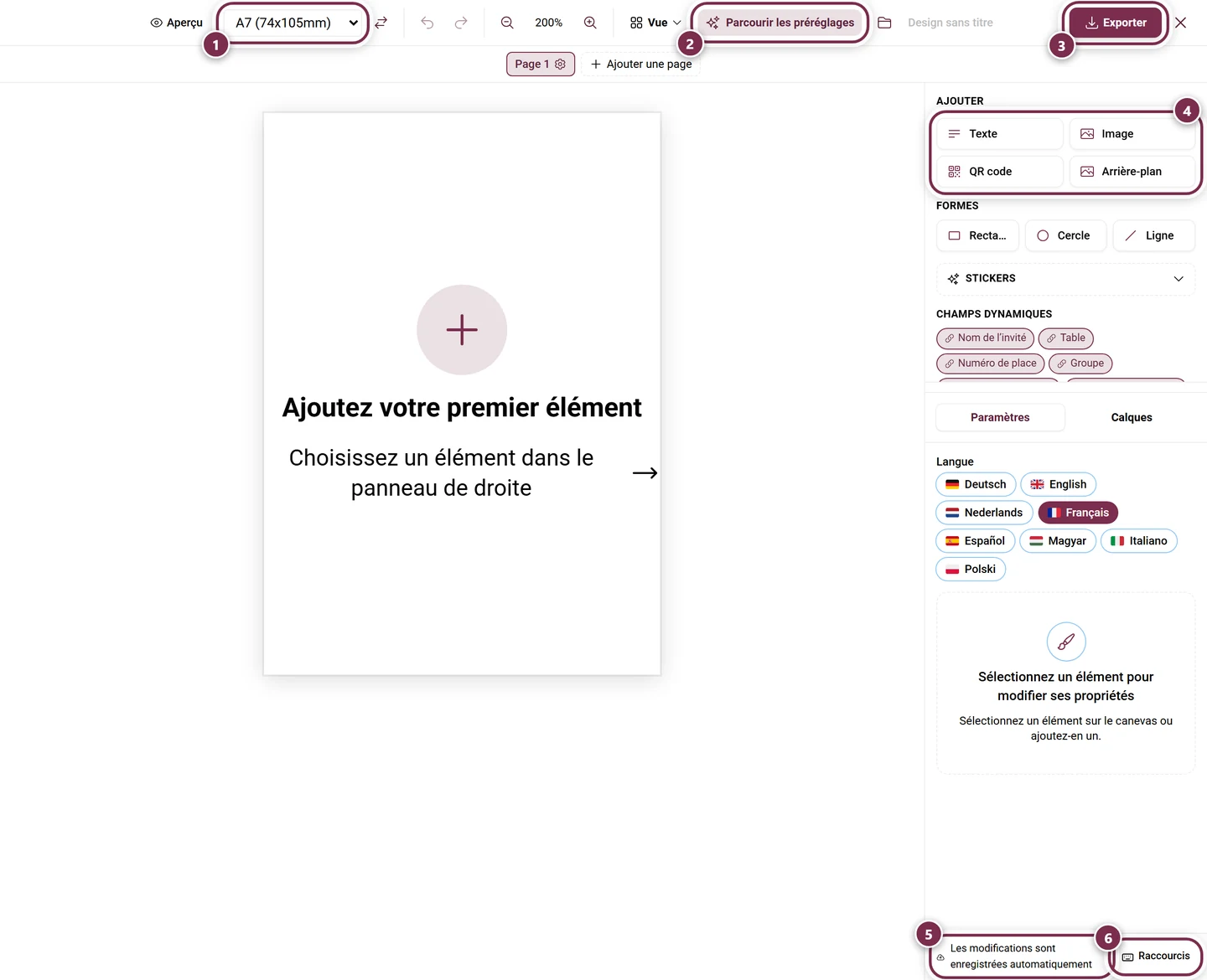 Design Studio avec un marque-place vide, le format de papier, le bouton Parcourir les préréglages, le bouton Exporter, le panneau d'éléments, l'indication d'enregistrement et le bouton Raccourcis mis en évidence