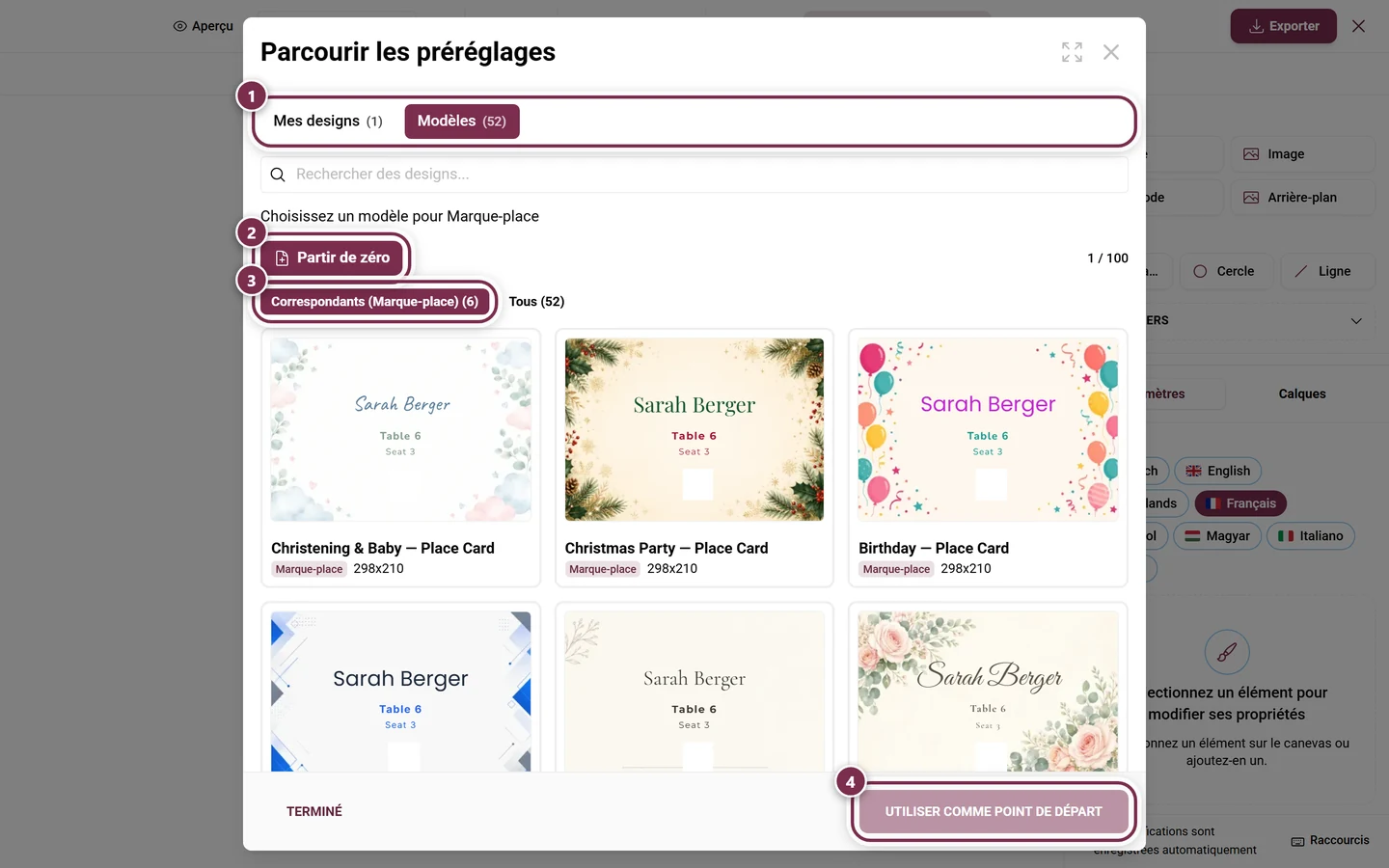 Navigateur de préréglages du Design Studio avec les onglets Mes designs et Modèles, le bouton Partir de zéro, le filtre Correspondants et le bouton Utiliser comme point de départ