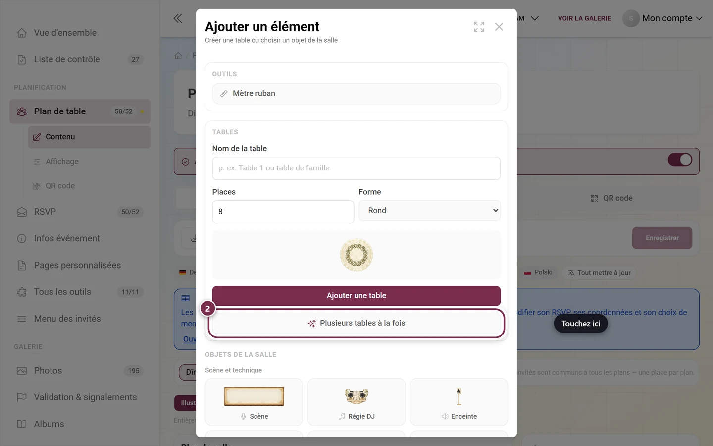 Boîte de dialogue Ajouter un élément avec l'entrée Plusieurs tables à la fois mise en évidence en rouge