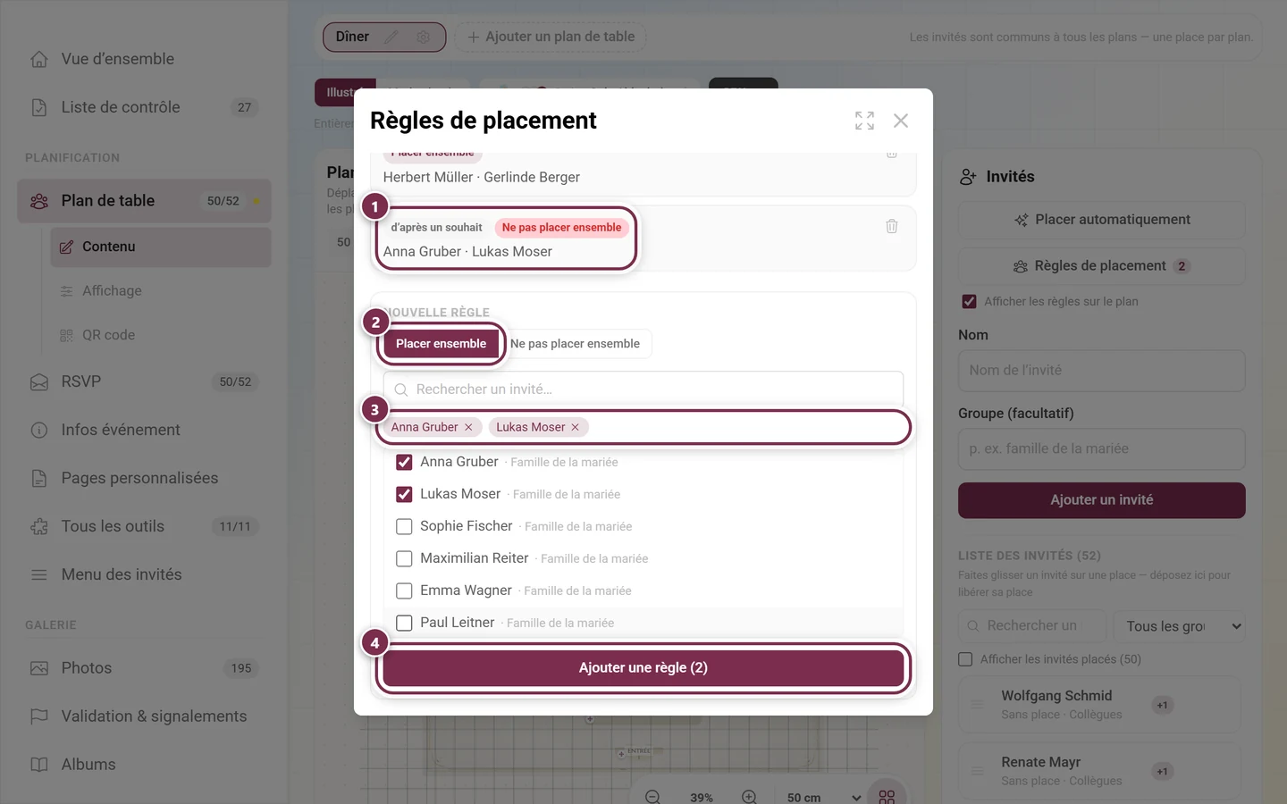 Boîte de dialogue Règles de placement avec une règle existante issue d'un souhait, le sélecteur de type, les puces de nom des invités choisis et le bouton Ajouter une règle