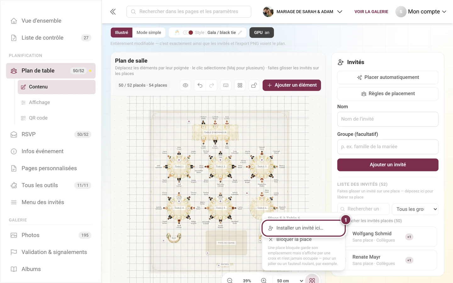 Menu contextuel d'une place libre avec l'en-tête nommant la place et la table et l'entrée mise en évidence Installer un invité ici
