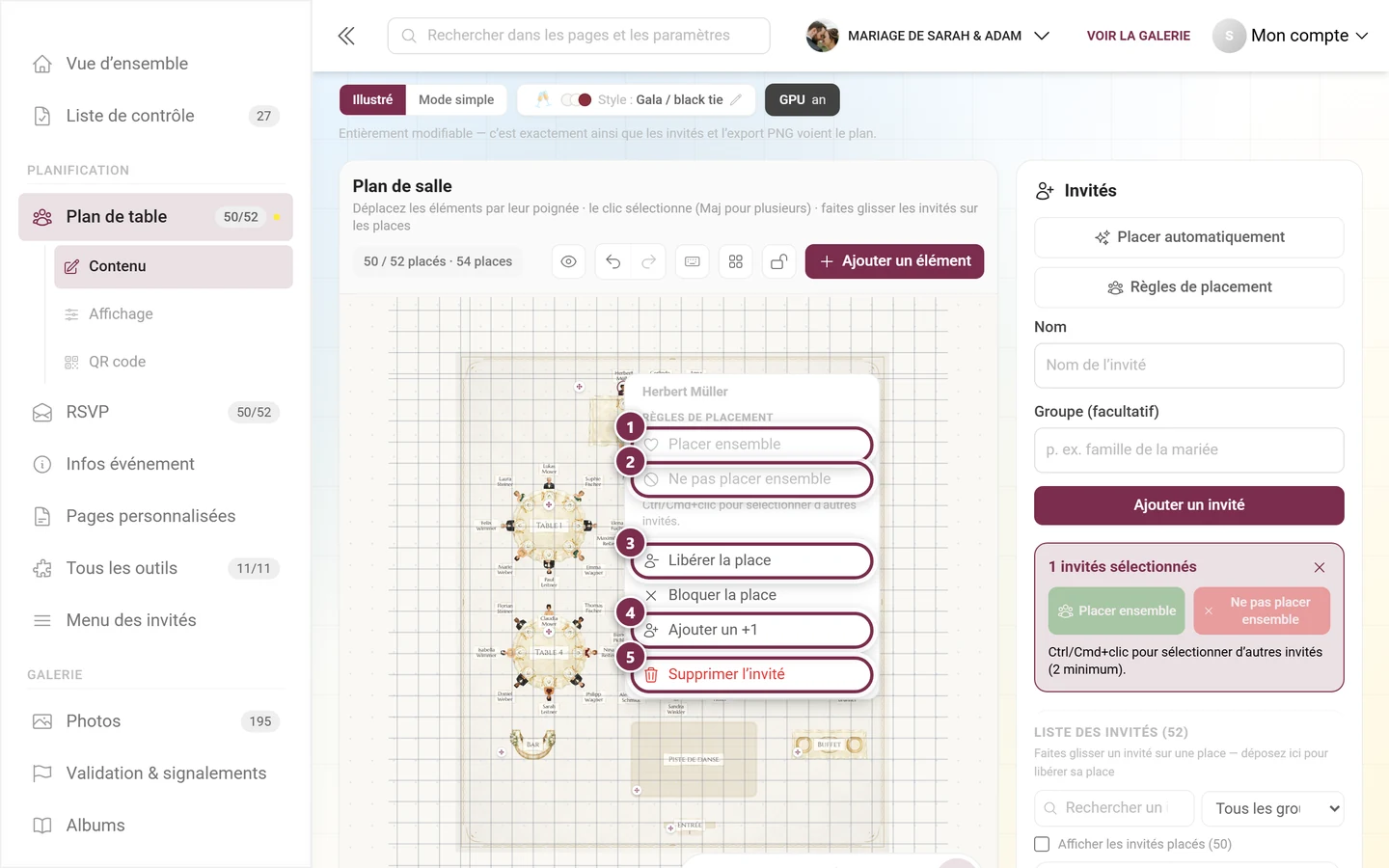 Menu contextuel d'une place occupée avec les cinq entrées mises en évidence Placer ensemble, Ne pas placer ensemble, Libérer la place, Ajouter un +1 et Supprimer l'invité