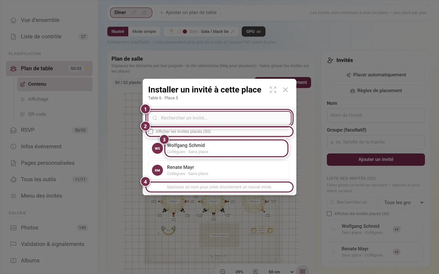 Boîte de dialogue Installer un invité à cette place avec le champ de recherche mis en évidence, la case à cocher pour les invités placés, une ligne d'invité et l'indication sur la création de nouveaux invités