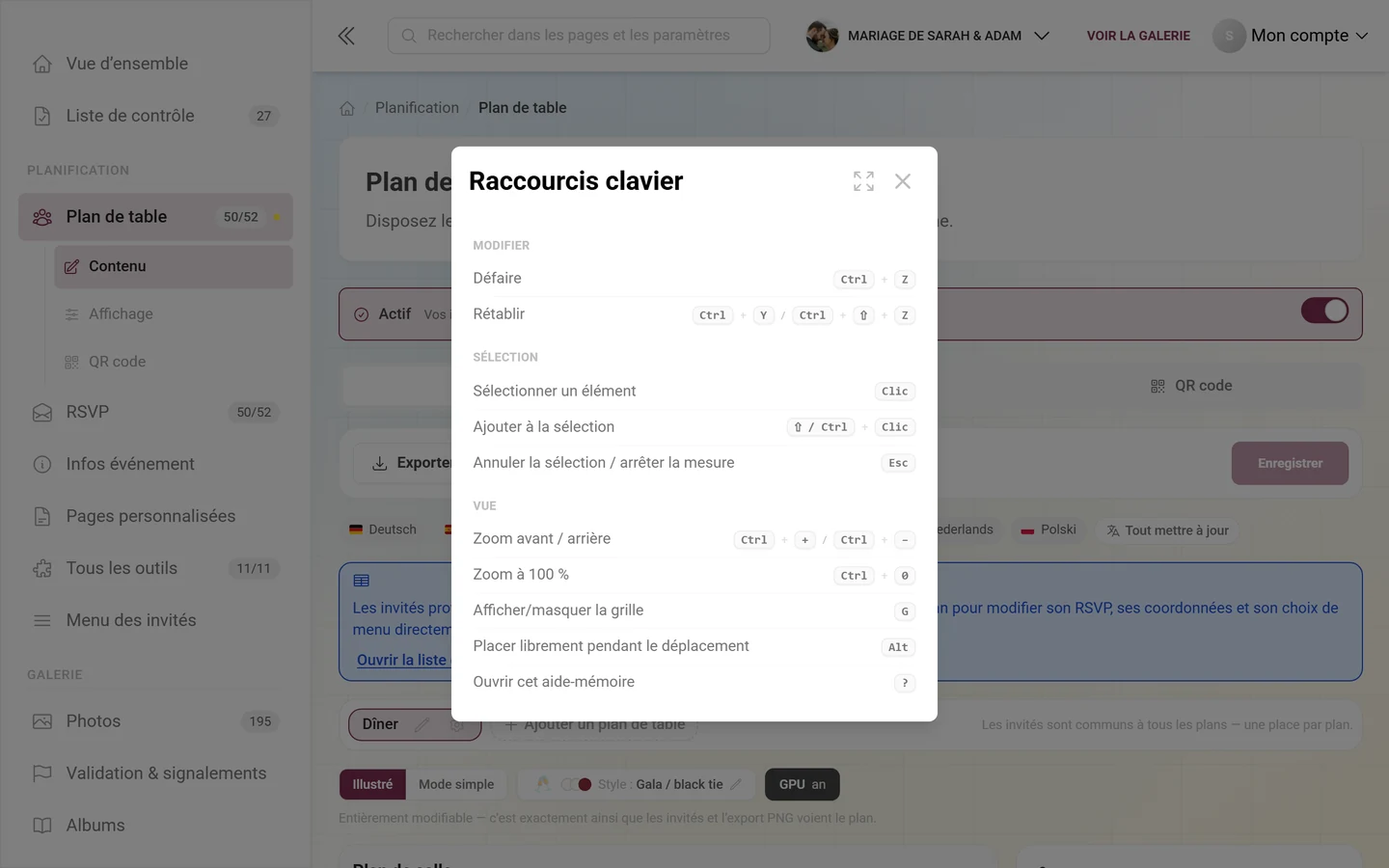 Boîte de dialogue Raccourcis clavier avec les groupes Édition, Sélection et Affichage
