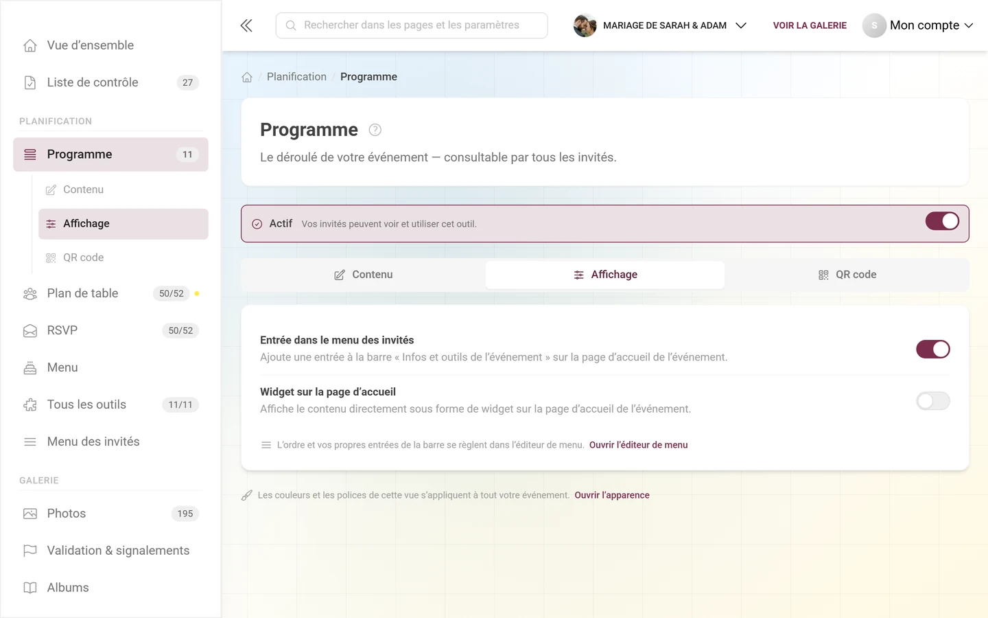 Onglet Affichage avec les interrupteurs pour le widget et le menu des invités