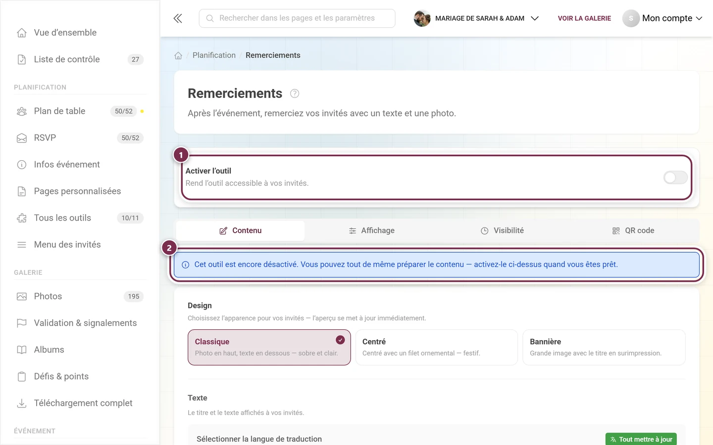 Outil Remerciements désactivé avec une notice bleue sur le mode brouillon