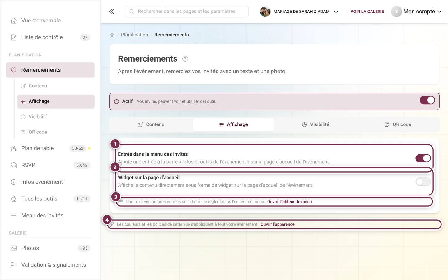Onglet Affichage avec les commutateurs pour le menu des invités et le widget de la page d'accueil, ainsi que deux liens croisés