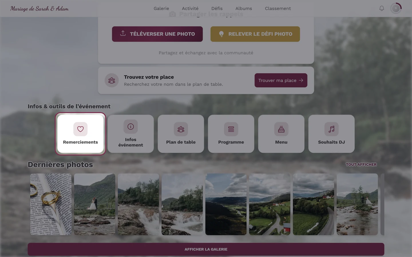 Tuile Remerciements dans la barre Infos et outils de l'événement, vue invité