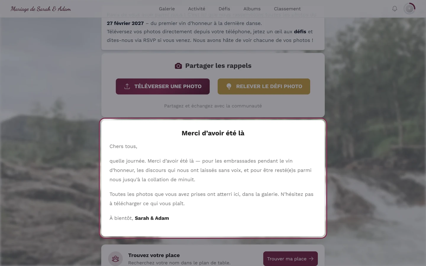 Remerciements sous forme de widget sur la page d'accueil de l'événement, vue invité