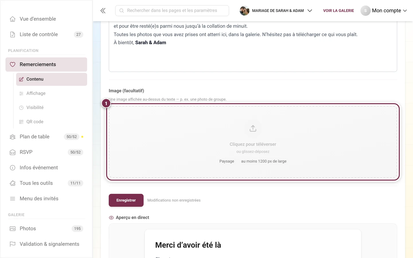 Zone de dépôt d'image vide des Remerciements avec les recommandations Paysage et au moins 1200 pixels