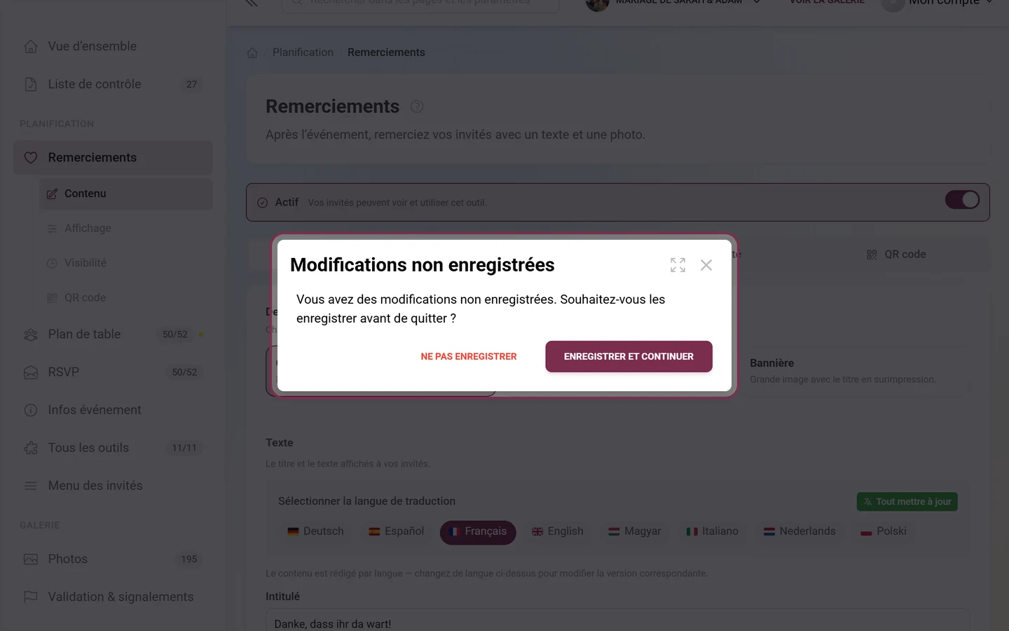 Boîte de dialogue Modifications non enregistrées avec les boutons Ne pas enregistrer et Enregistrer et continuer