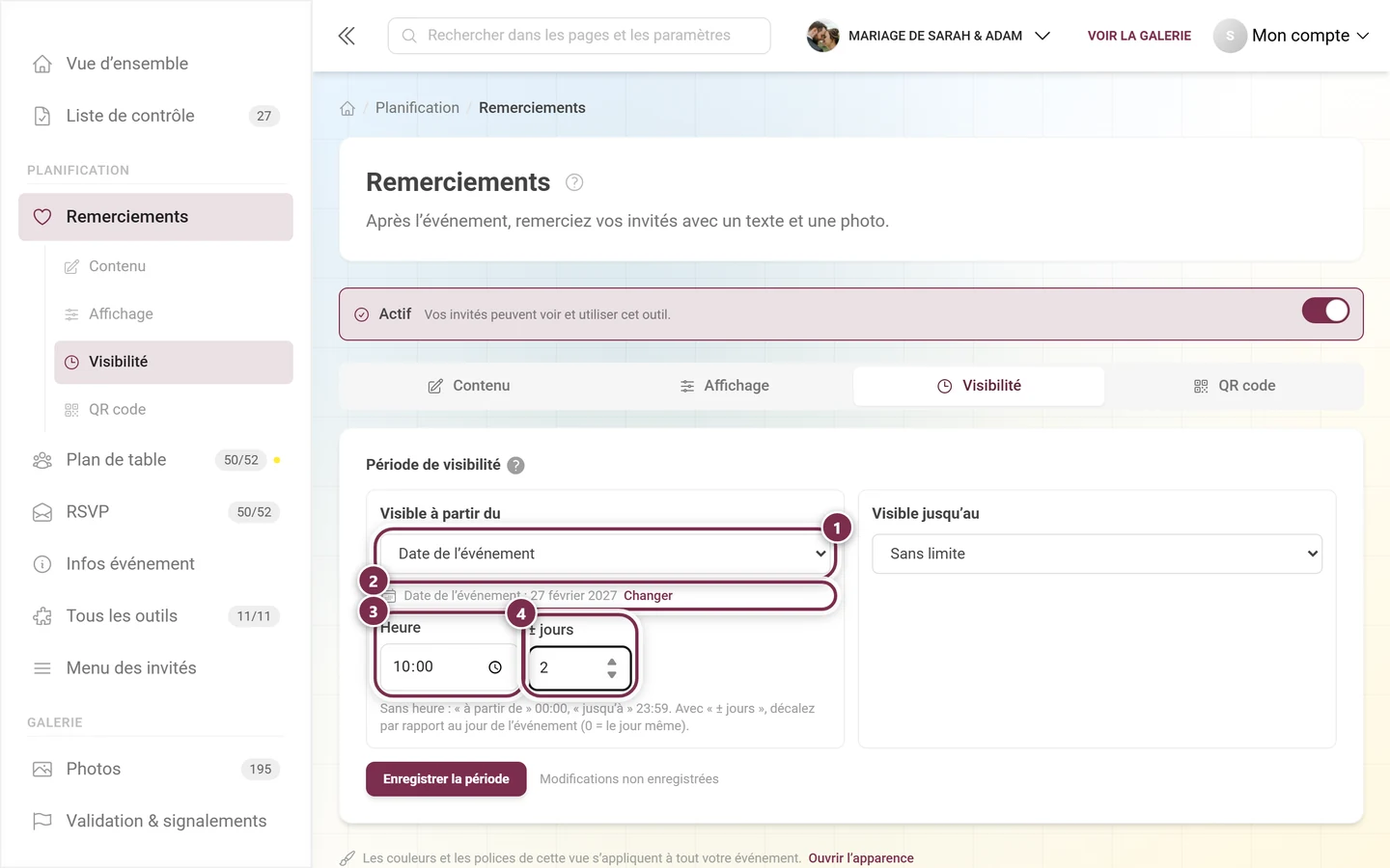 Visible à partir du en mode Date de l'événement avec la notice de date, l'heure et le décalage en jours