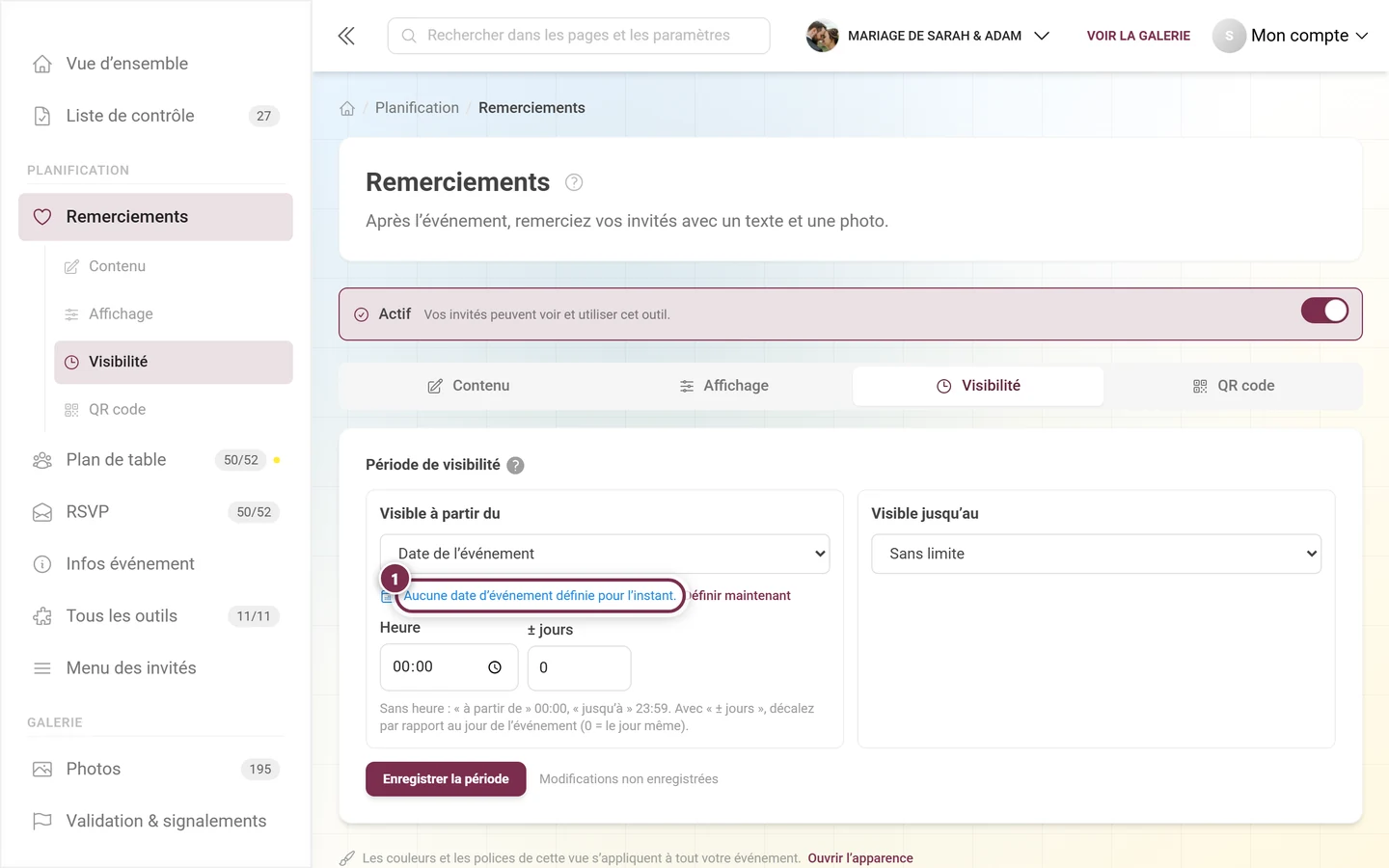 Notice indiquant qu'aucune date d'événement n'est encore définie, avec le lien Définir maintenant