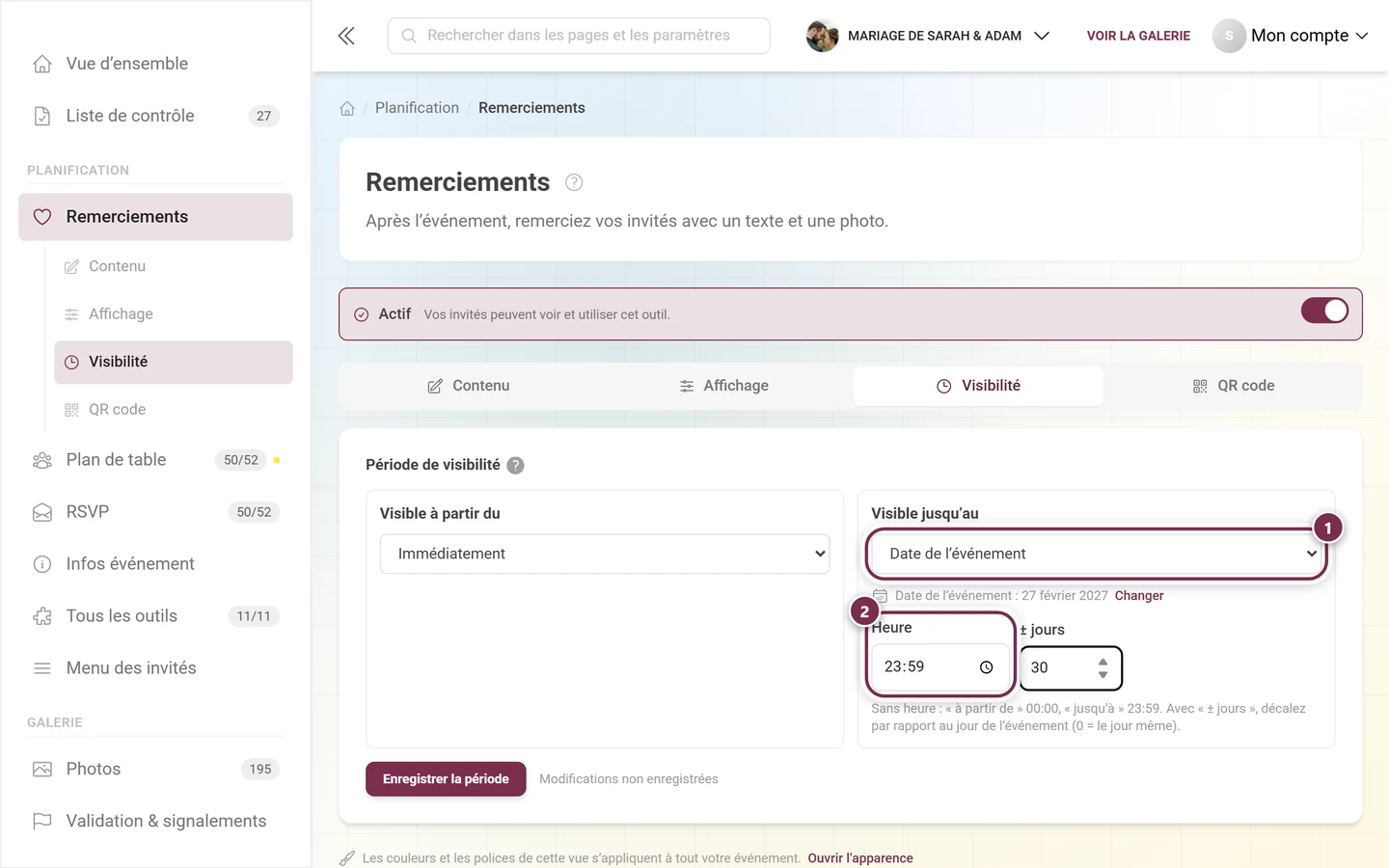 Visible jusqu'au en mode Date de l'événement avec l'heure préremplie à 23:59