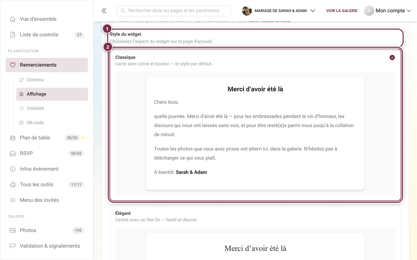 Sélecteur de style de widget avec la carte Classique sélectionnée