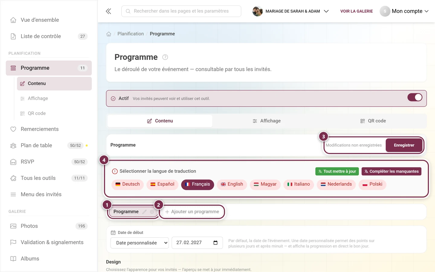 Outil Programme avec la rangée d'onglets, Ajouter un programme, la barre de langue et Enregistrer mis en évidence