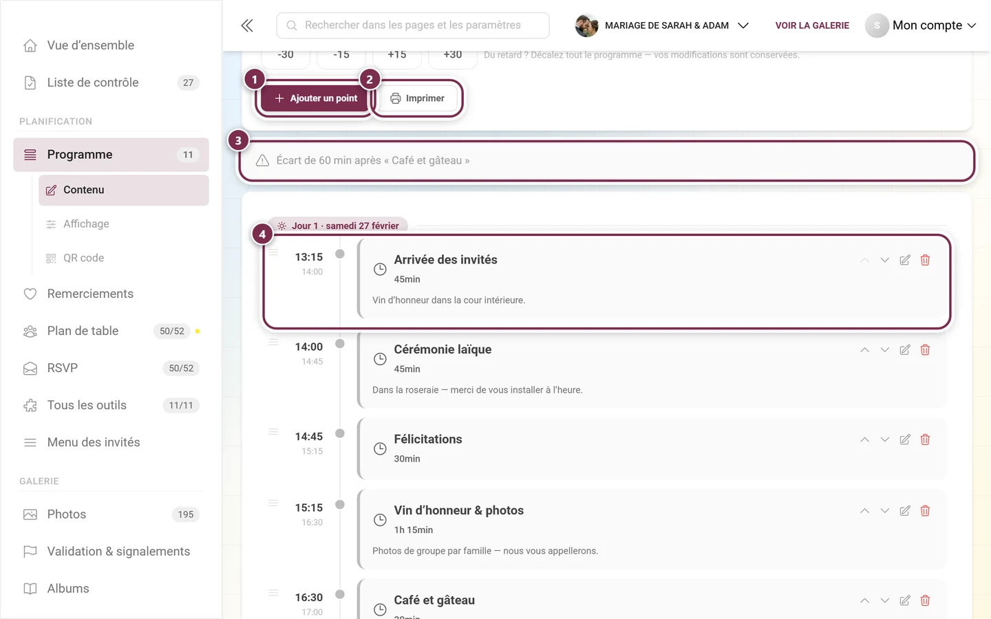 Éditeur du programme avec Ajouter un point, Imprimer, l'avertissement de trou et le premier point mis en évidence