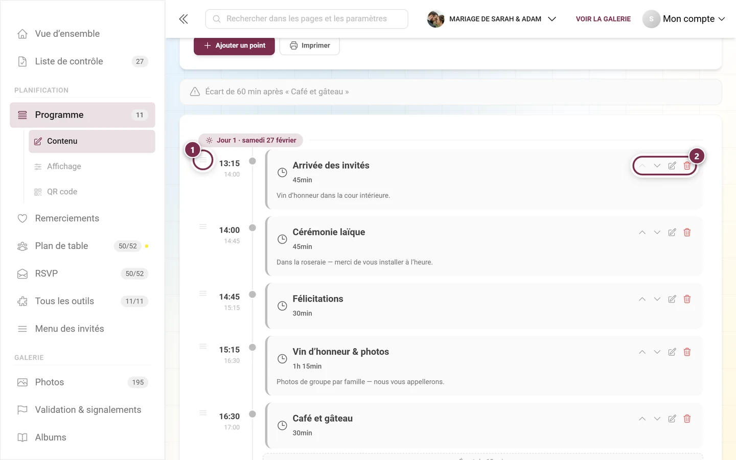 Ligne d'un point du programme avec la poignée de déplacement à gauche et les quatre boutons à droite mis en évidence