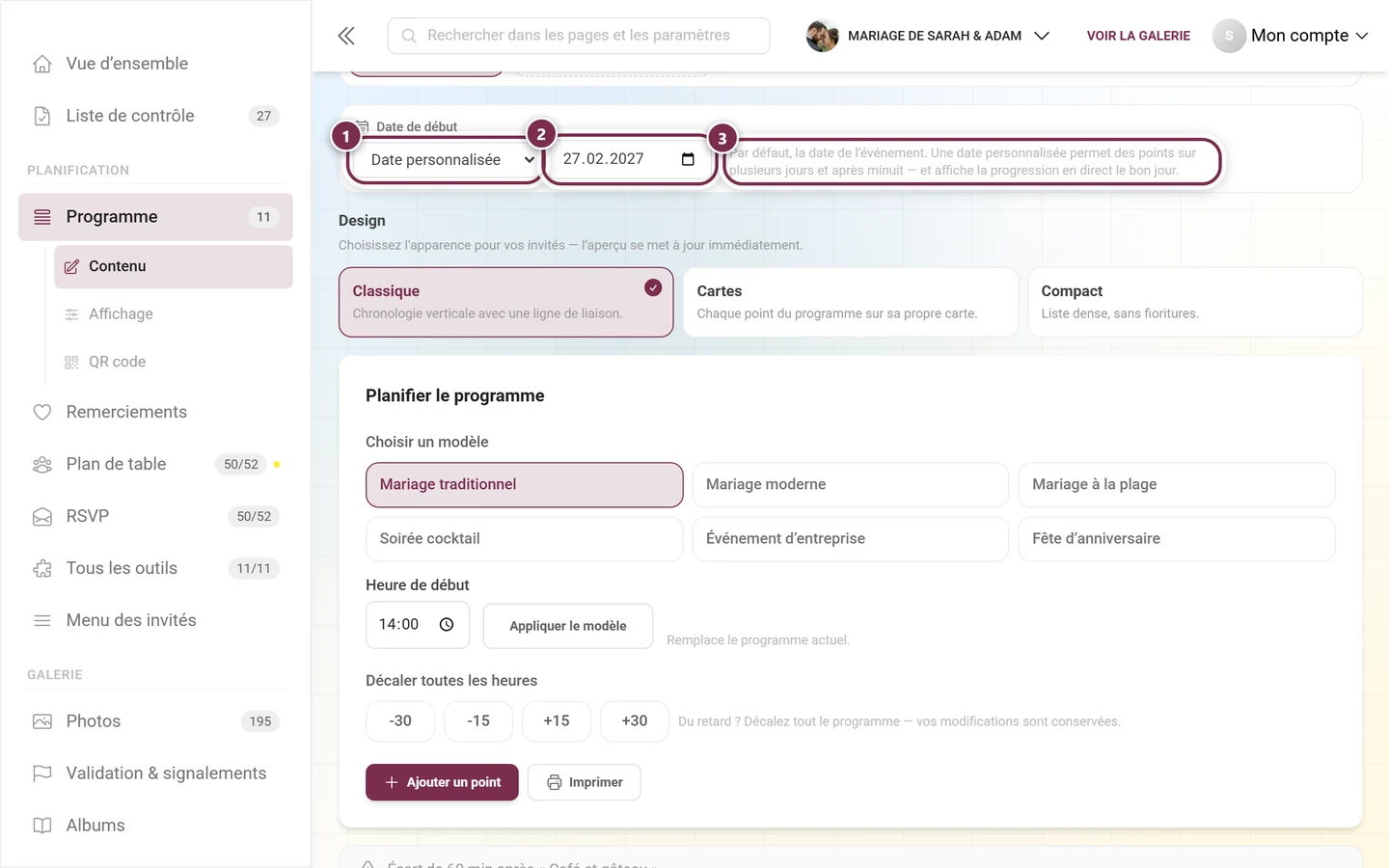 Section Date de début avec la liste déroulante, le champ date et le texte explicatif mis en évidence