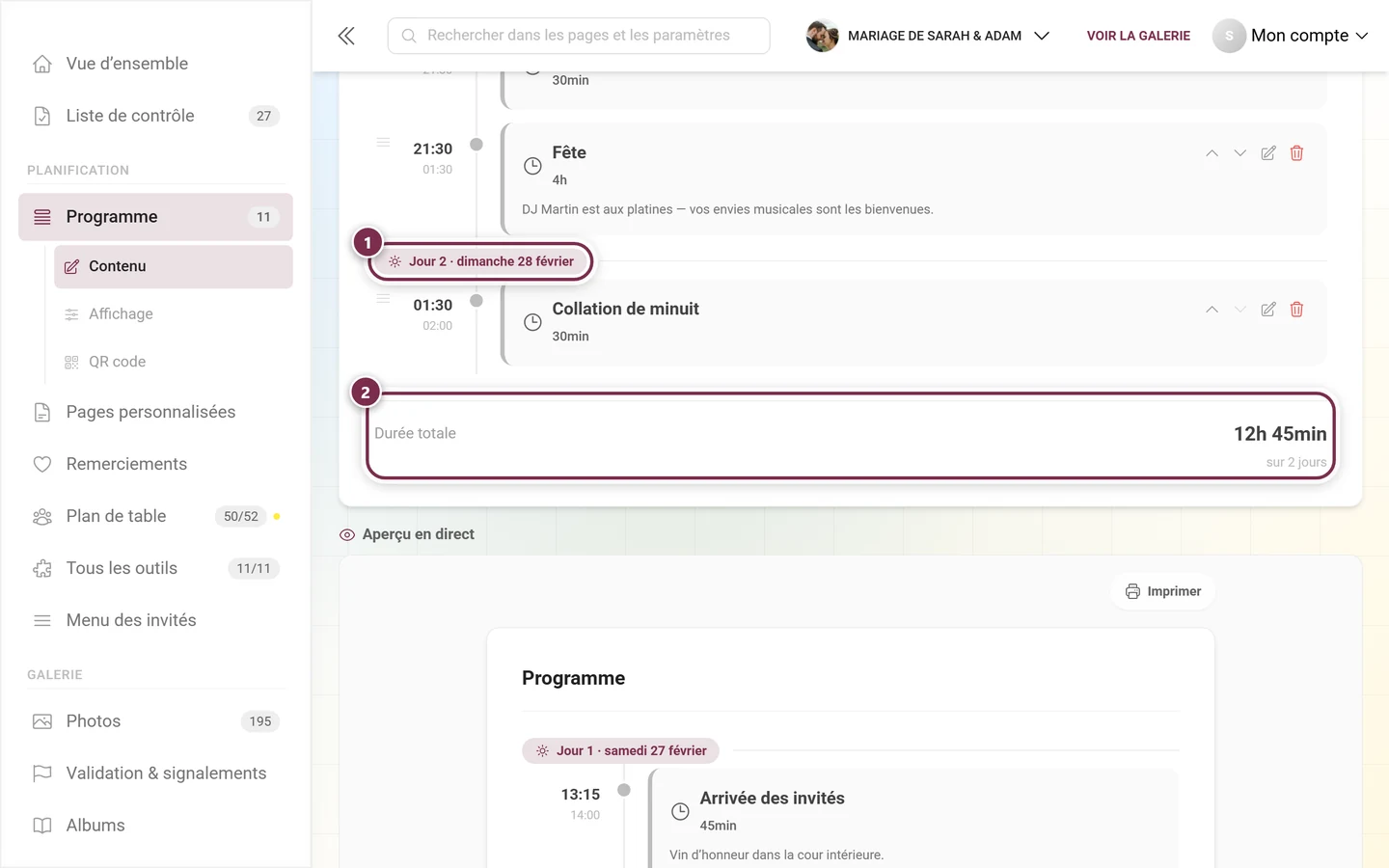 Fin de la liste des points du programme avec le séparateur de jour et le pied de page Durée totale mis en évidence