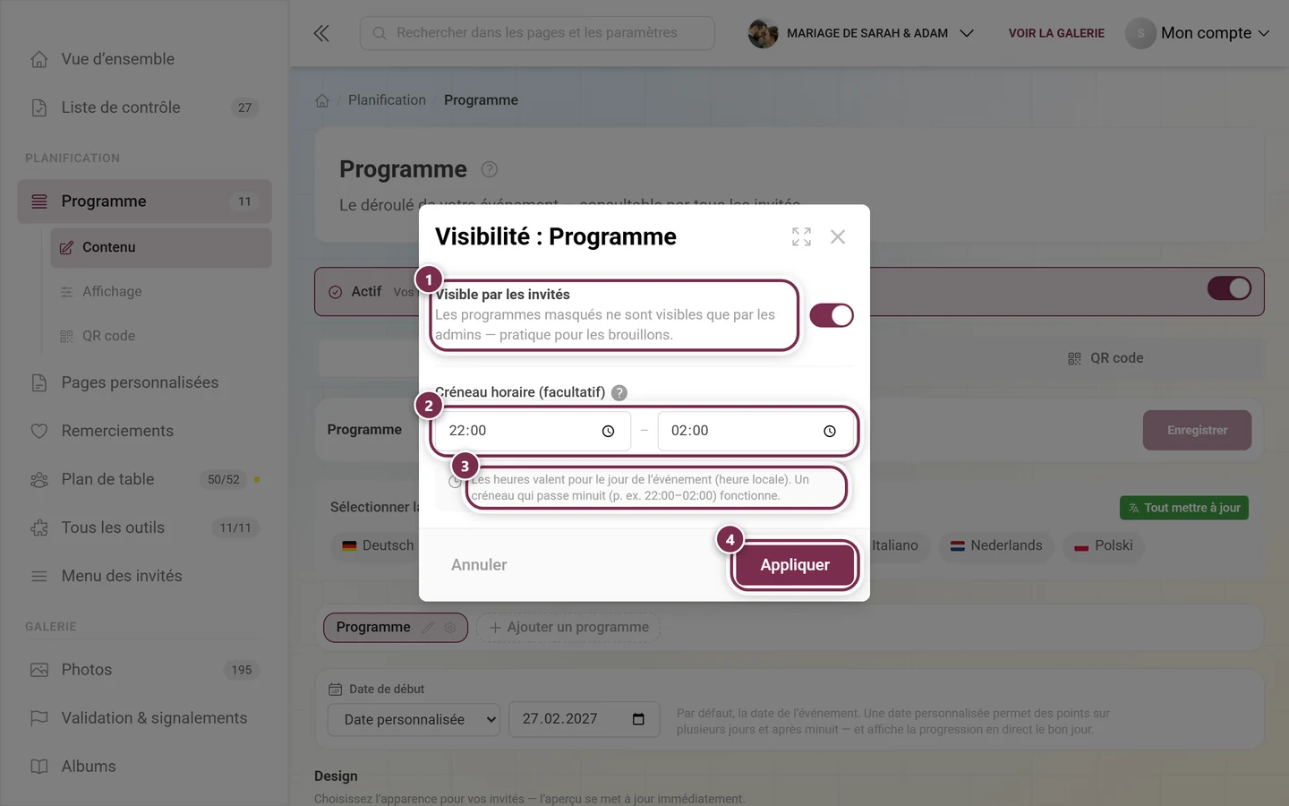 Boîte de dialogue Visibilité : Programme avec l'interrupteur, les deux champs horaires, la remarque et le bouton Appliquer mis en évidence