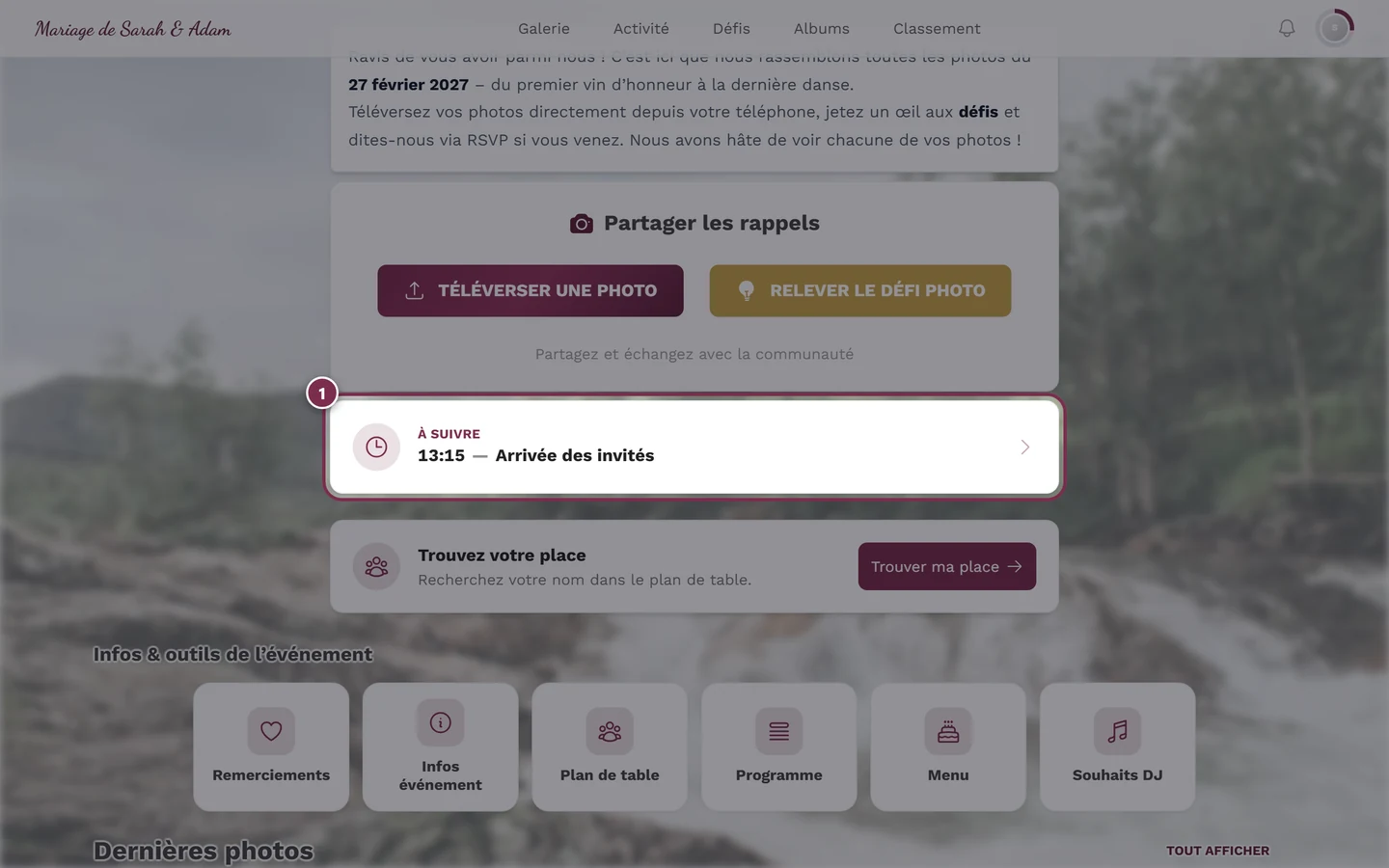 Page d'accueil de la galerie avec le widget du programme À suivre