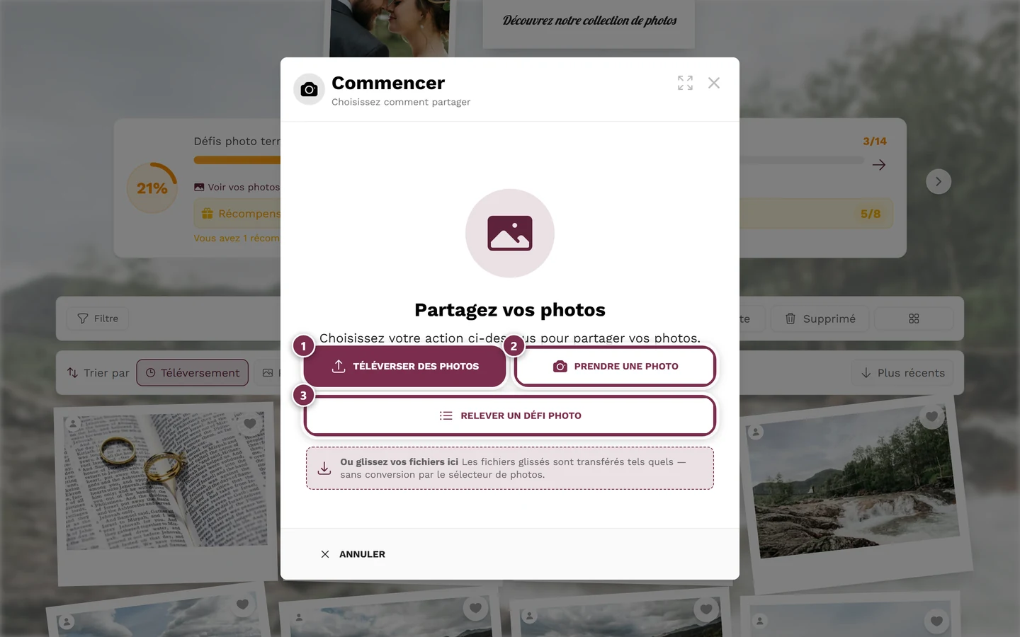 Boîte de dialogue de téléversement avec les sources Choisir une photo et Prendre une photo