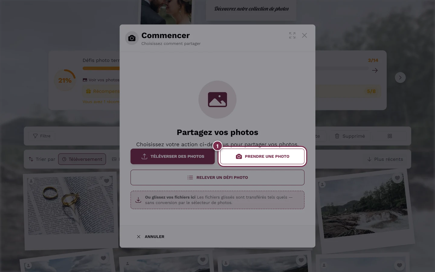 Fenêtre de téléversement avec le bouton Prendre une photo mis en évidence
