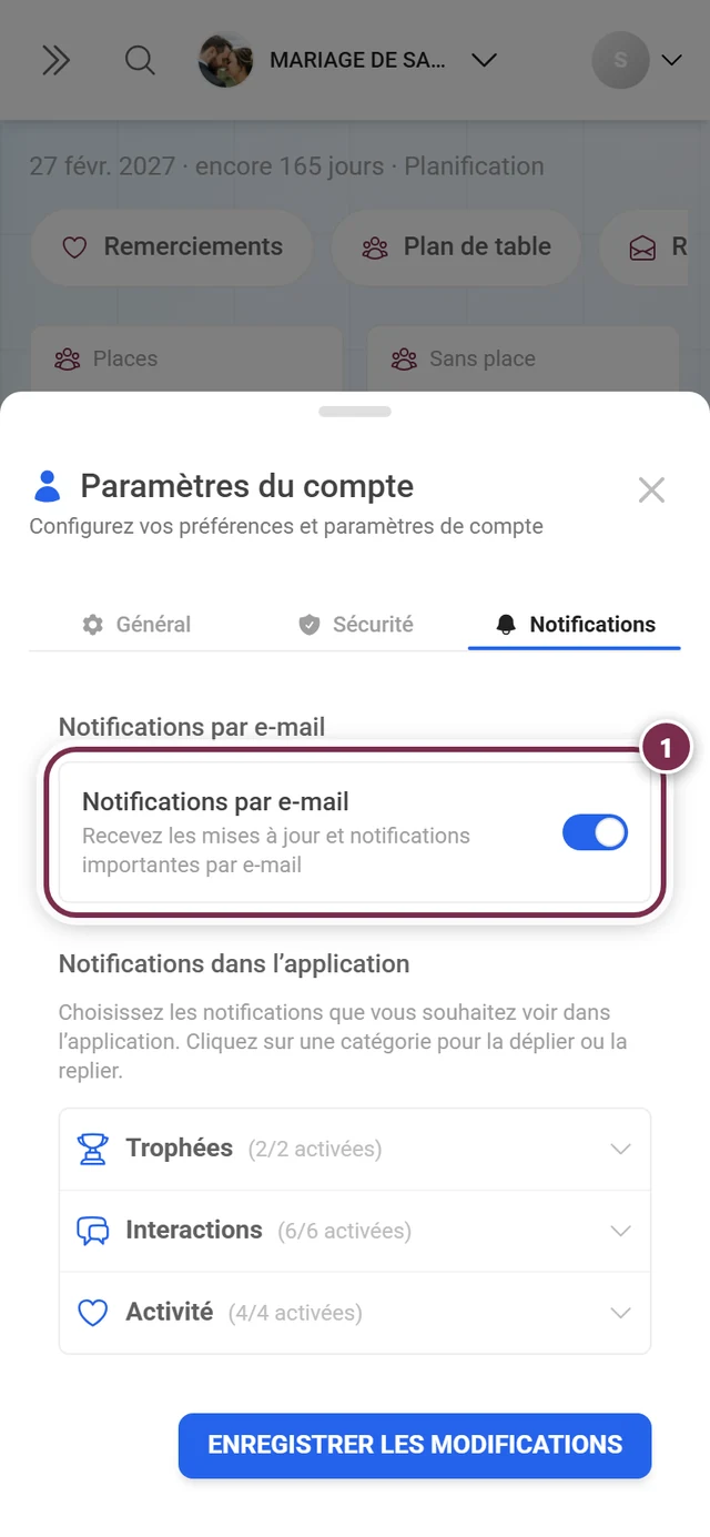 Onglet Notifications avec le bloc Notifications par e-mail mis en évidence en rouge et l'interrupteur à droite