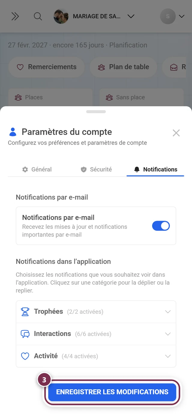 Bas de l'onglet Notifications avec le bouton Enregistrer les modifications mis en évidence en rouge