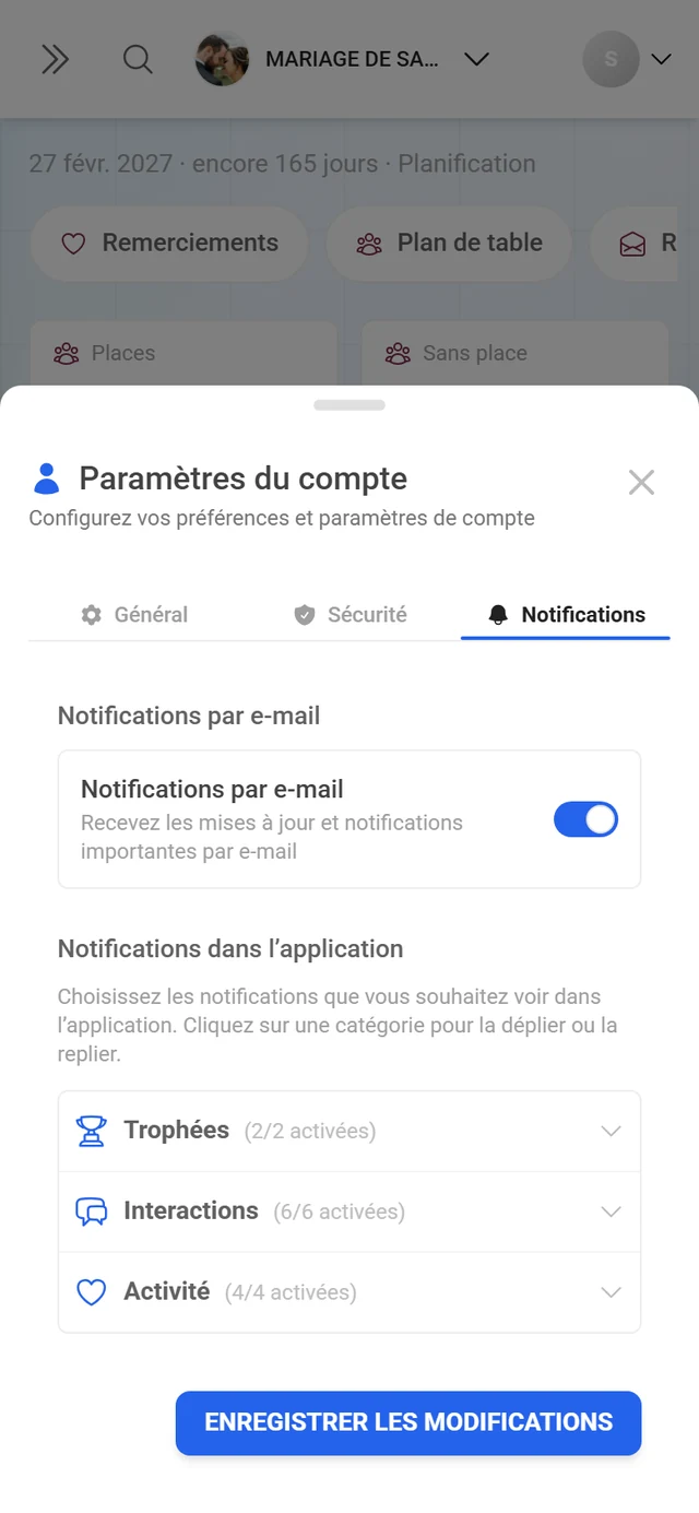 Boîte de dialogue Paramètres du compte avec l'onglet Notifications actif