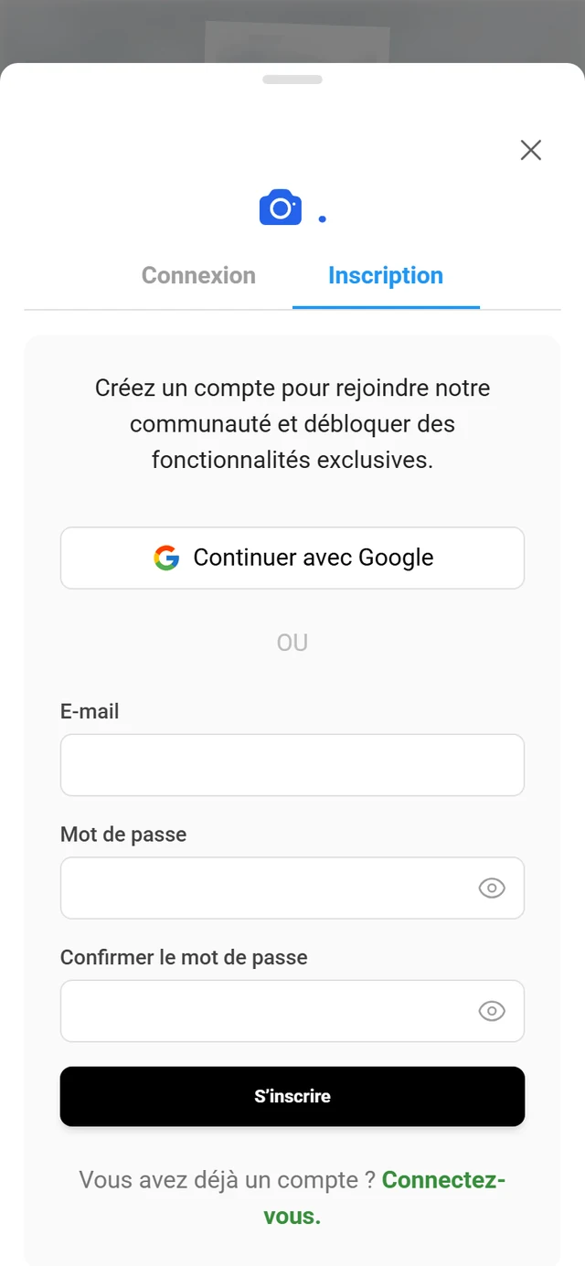 Vue d'inscription avec les champs e-mail, mot de passe et confirmation du mot de passe