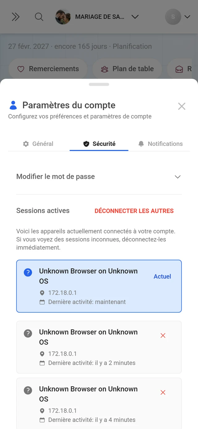 Onglet Sécurité des paramètres du compte avec la liste des sessions actives