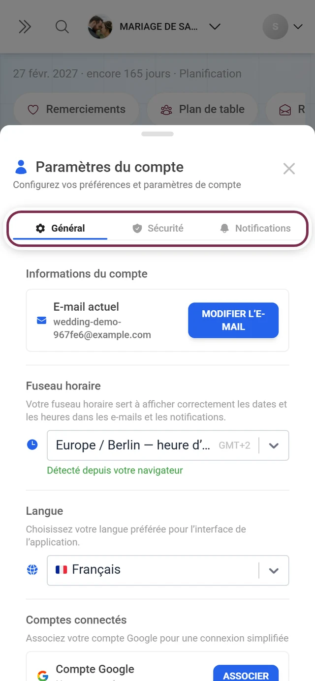 Boîte de dialogue Paramètres du compte avec la barre d'onglets surlignée en rouge