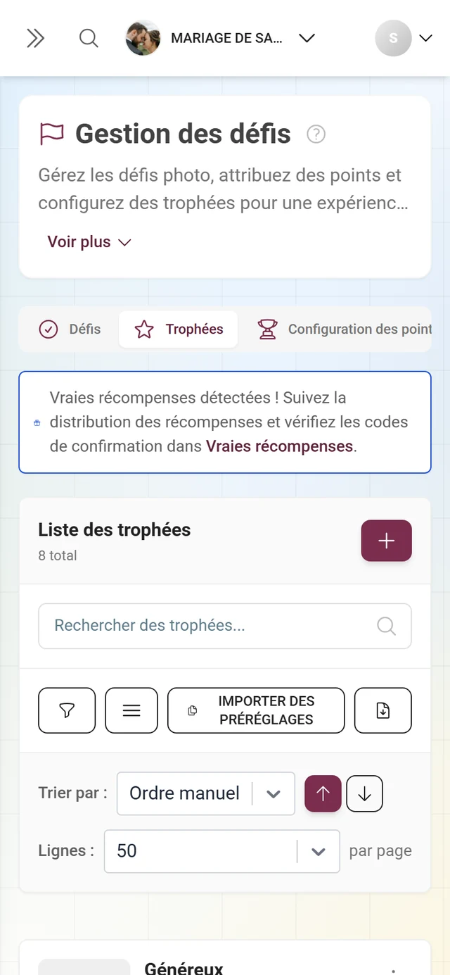 Liste des trophées dans la rubrique Défis et points