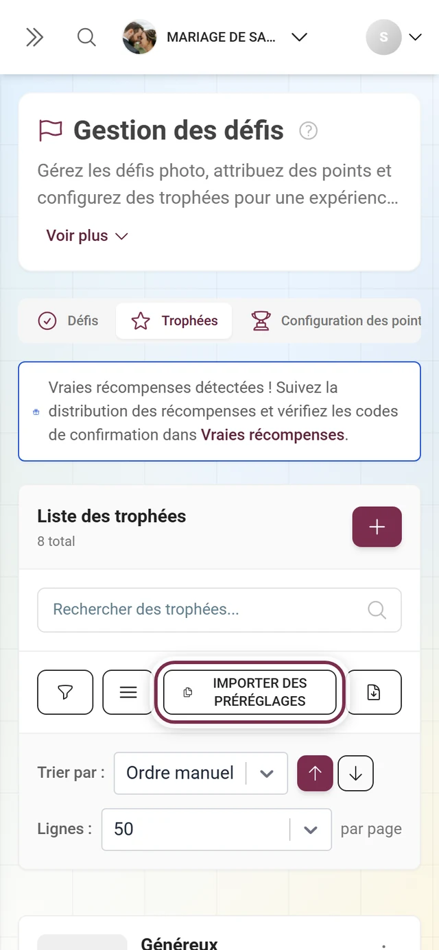 Barre d'outils de la gestion des trophées avec le bouton Importer des modèles surligné en rouge