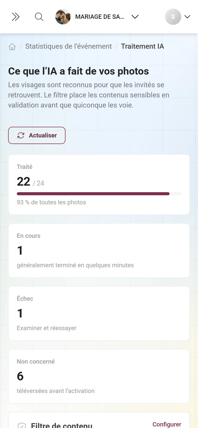 Page « Ce que l'IA a fait de vos photos » avec quatre vignettes de statistiques et une carte pour le filtre de contenu et une pour les visages