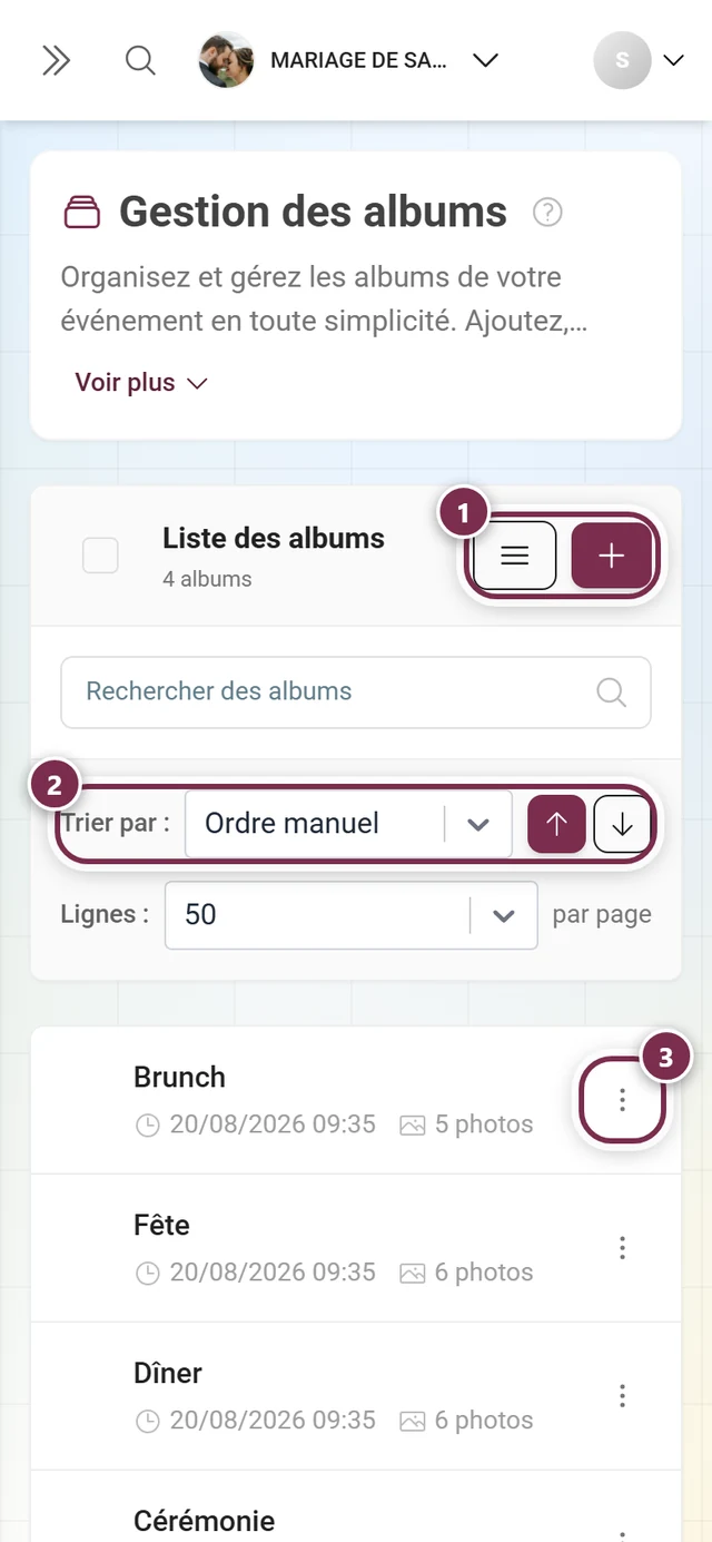 Gestionnaire d'albums avec la liste des albums et le bouton de création
