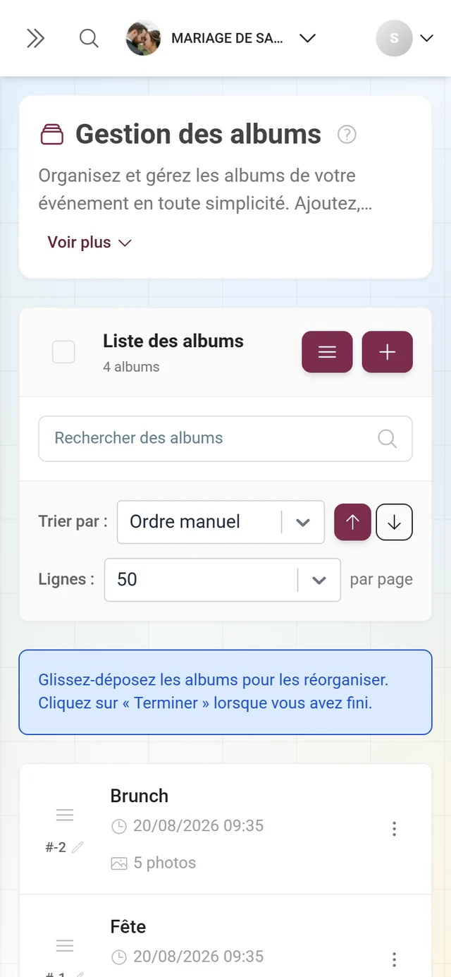 Gestion des albums en mode réorganisation avec l'indication de glisser-déposer et le bouton Terminer