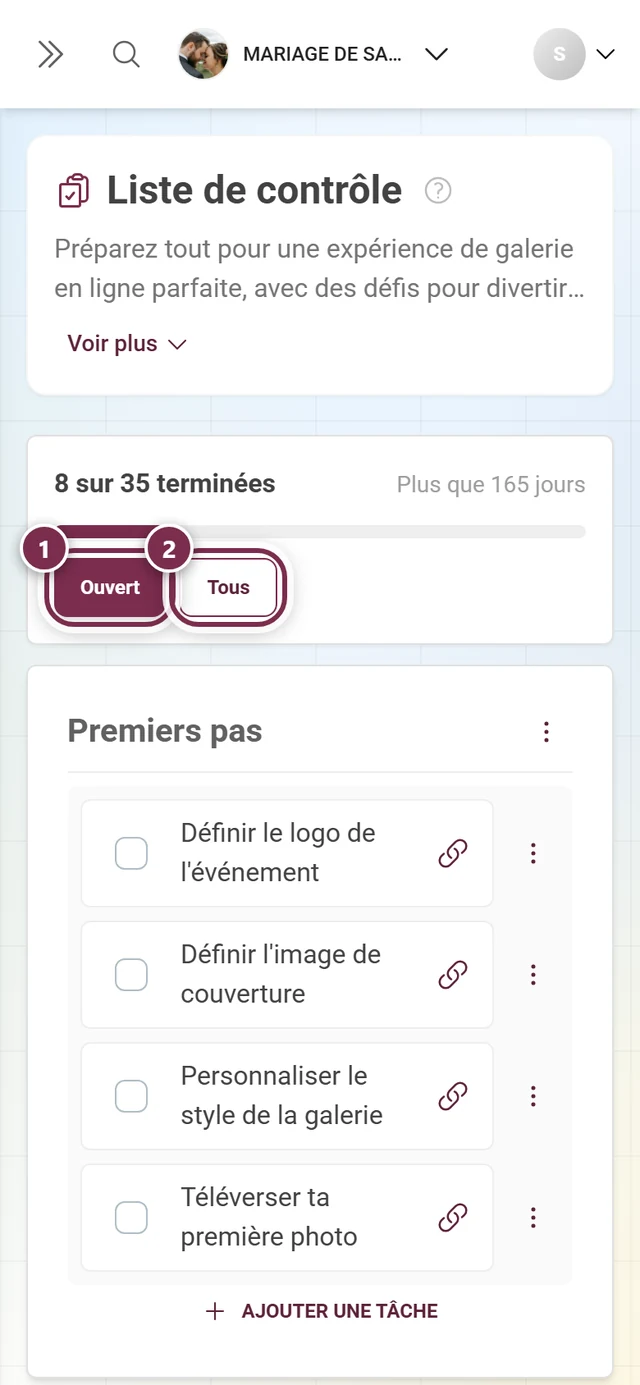 En-tête de la vue complète de la liste de contrôle avec les boutons de filtre Ouvert et Tous mis en évidence