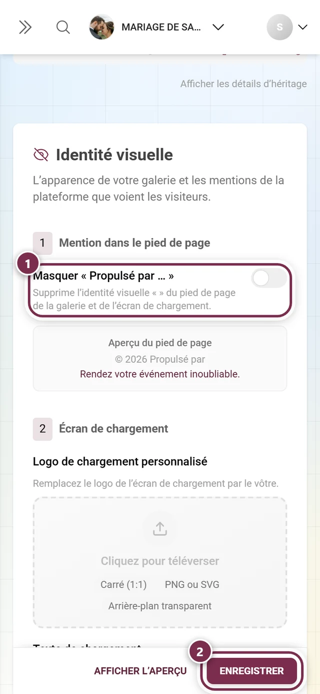 Section Mention dans le pied de page avec le commutateur et la barre d'enregistrement mis en évidence