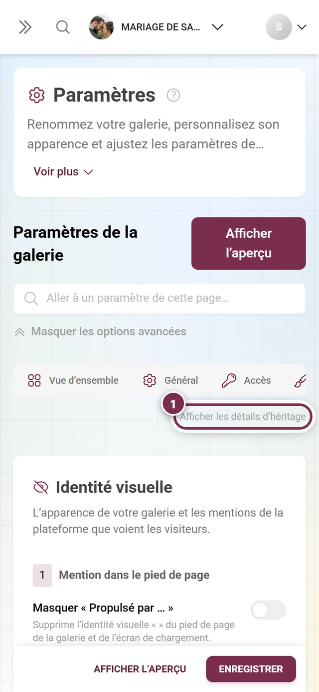 Onglet White-Label avec le commutateur des détails d'héritage mis en évidence