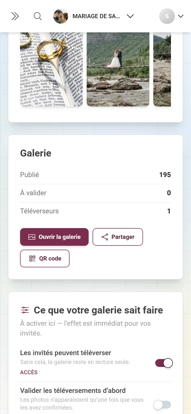 La carte « Galerie » avec les chiffres et les boutons Ouvrir la galerie, Partager, QR code