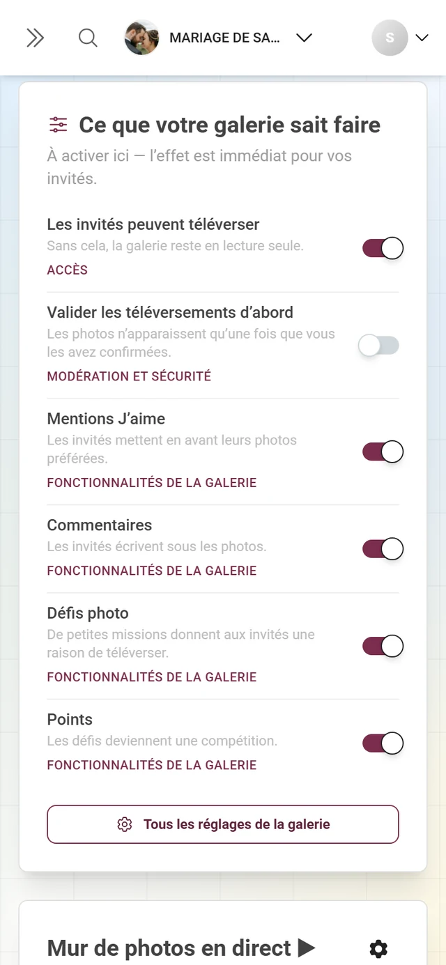 La carte « Ce que votre galerie sait faire » avec six interrupteurs