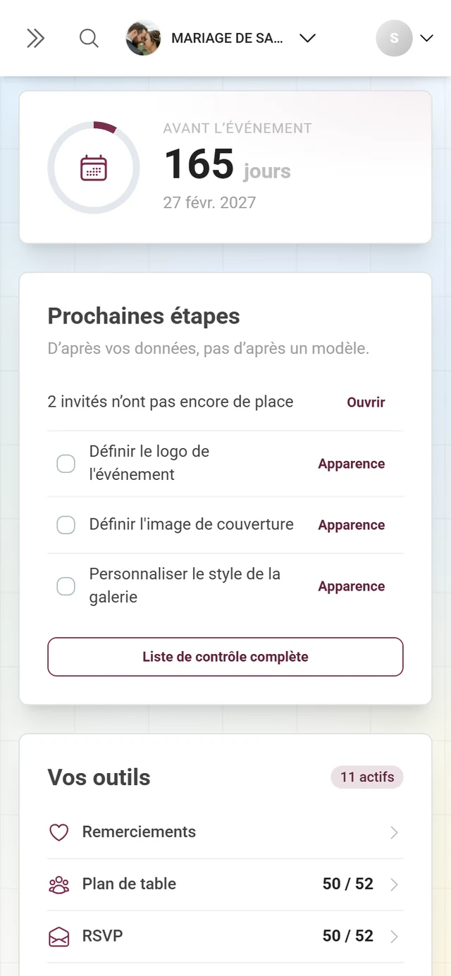 Carte du tableau de bord Prochaines étapes avec étapes déduites et tâches en attente