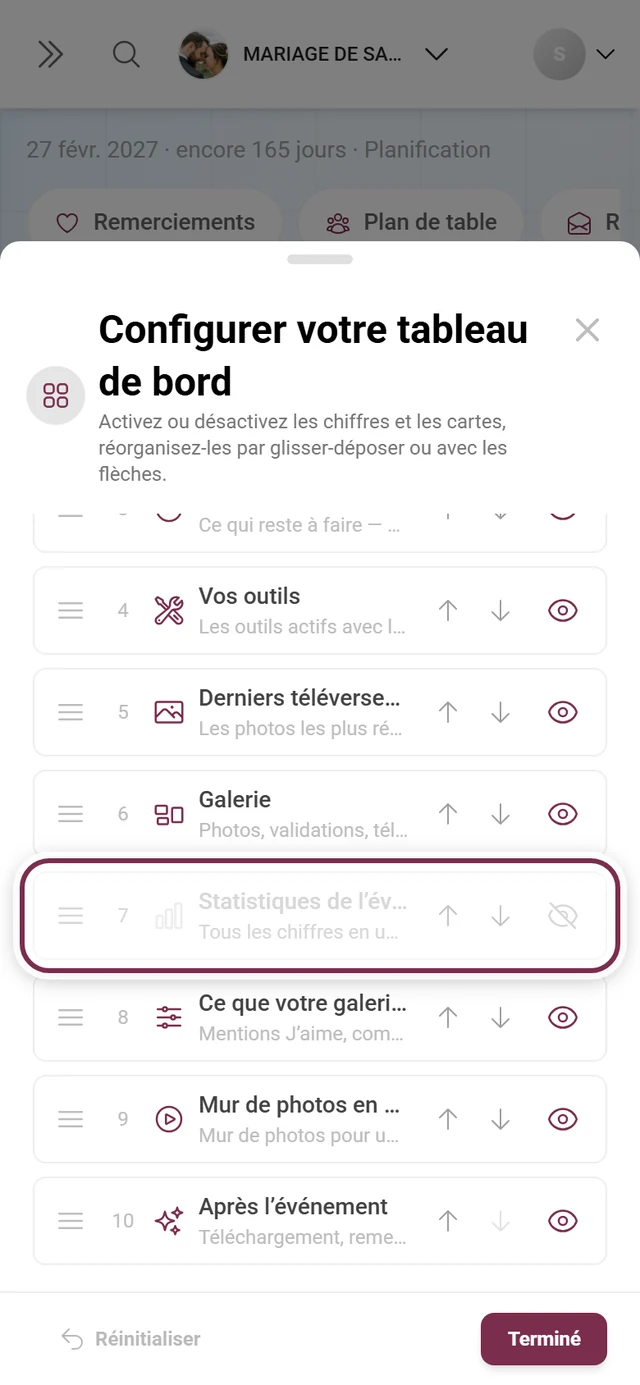 Boîte de dialogue Configurer le tableau de bord avec la carte Statistiques de l'événement mise en évidence