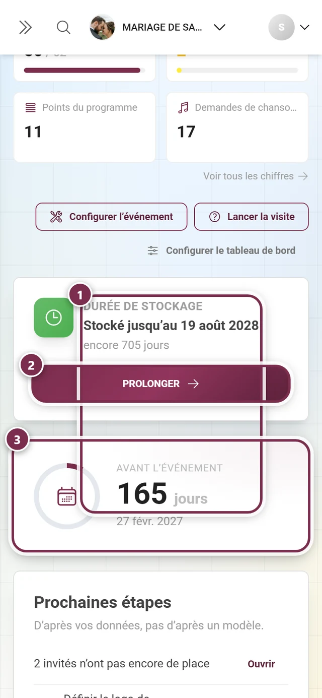 Les cartes Durée de stockage et Compte à rebours dans le tableau de bord
