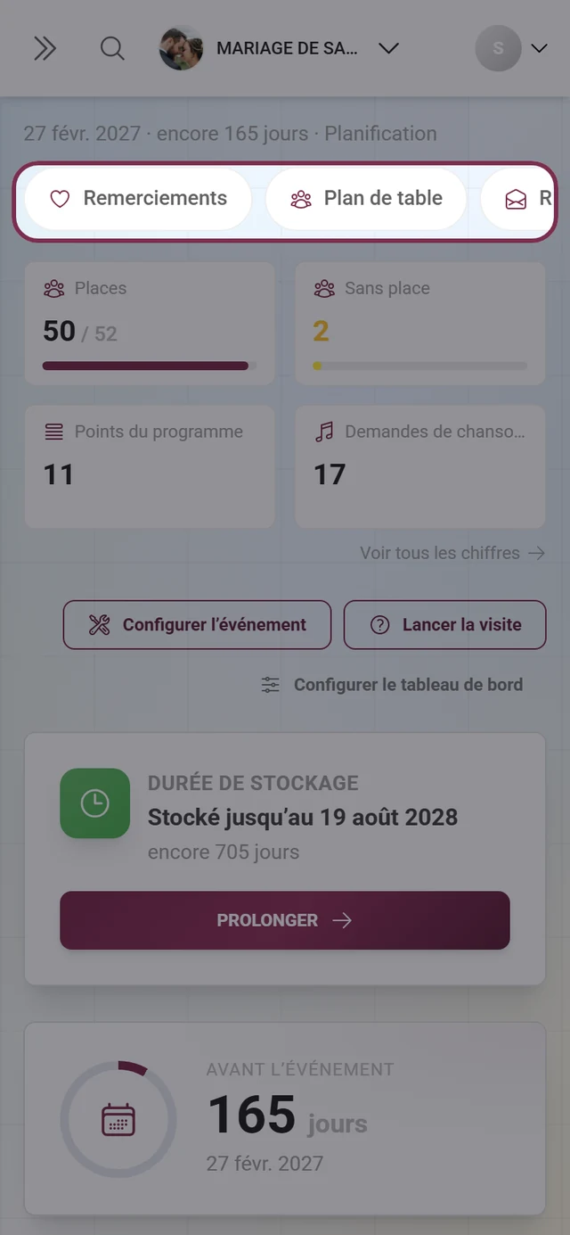 Barre horizontale de pastilles des outils actifs sur le tableau de bord, sur mobile