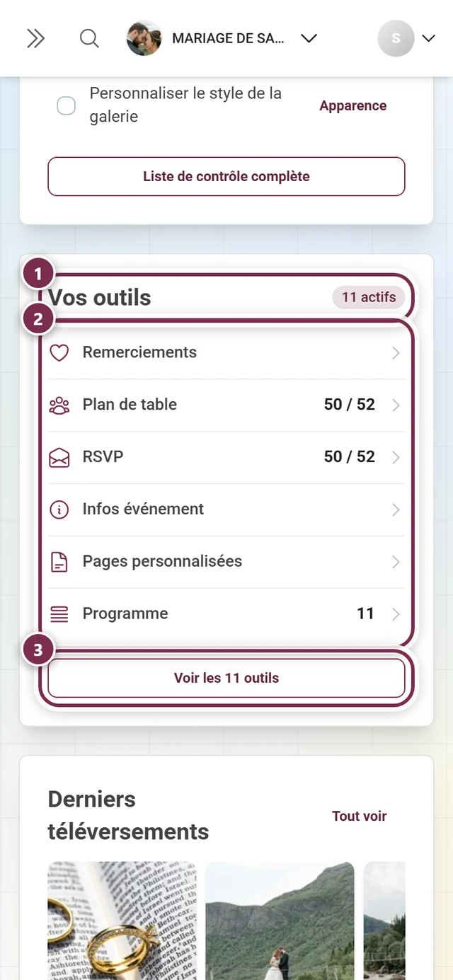 Carte du tableau de bord Vos outils avec les outils actifs et leurs chiffres